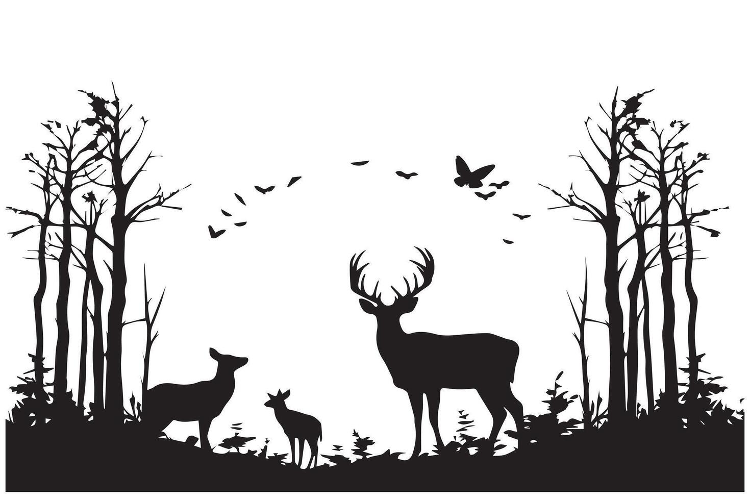 schwarz Silhouette Wald und Summe Hirsch und Vogel Weiß Hintergrund Profi Design vektor