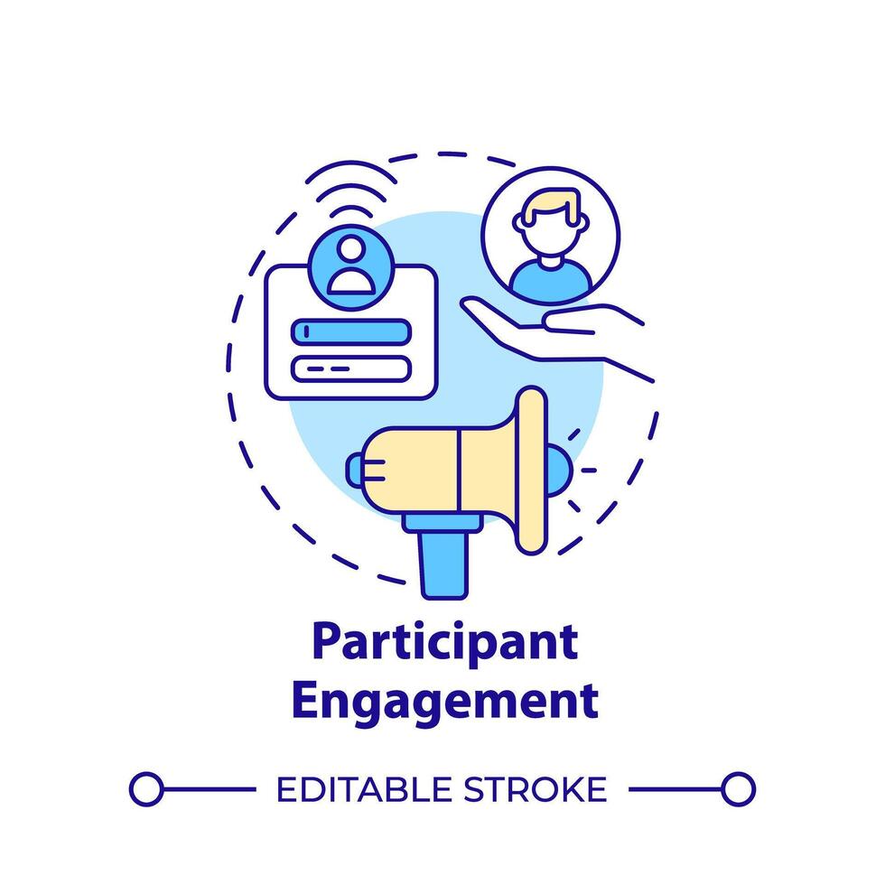 Teilnehmer Engagement multi Farbe Konzept Symbol. Hackathon Organisation. Sozial Medien Förderung. runden gestalten Linie Illustration. abstrakt Idee. Grafik Design. einfach zu verwenden im Werbung Materialien vektor