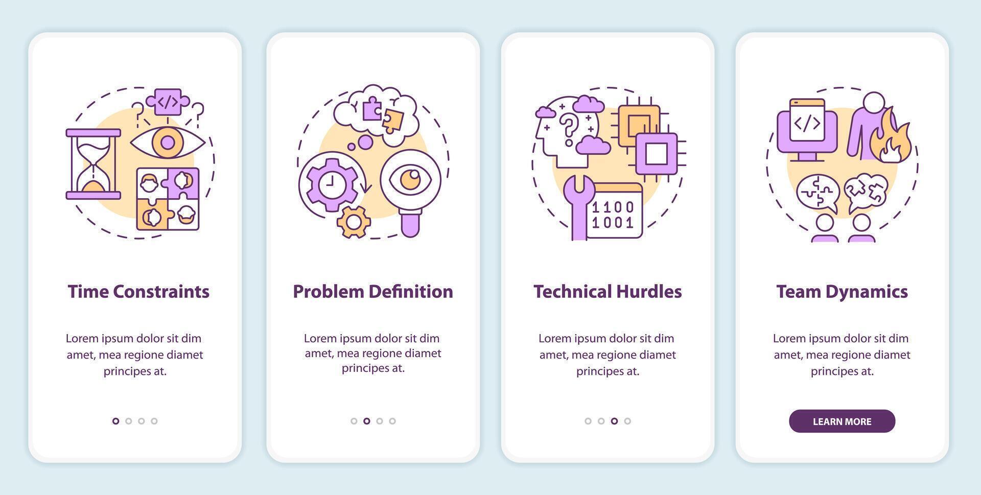 Hackathon Herausforderungen Onboarding Handy, Mobiltelefon App Bildschirm. Komplettlösung 4 Schritte editierbar Grafik Anleitung mit linear Konzepte. ui, ux, gui Vorlage vektor