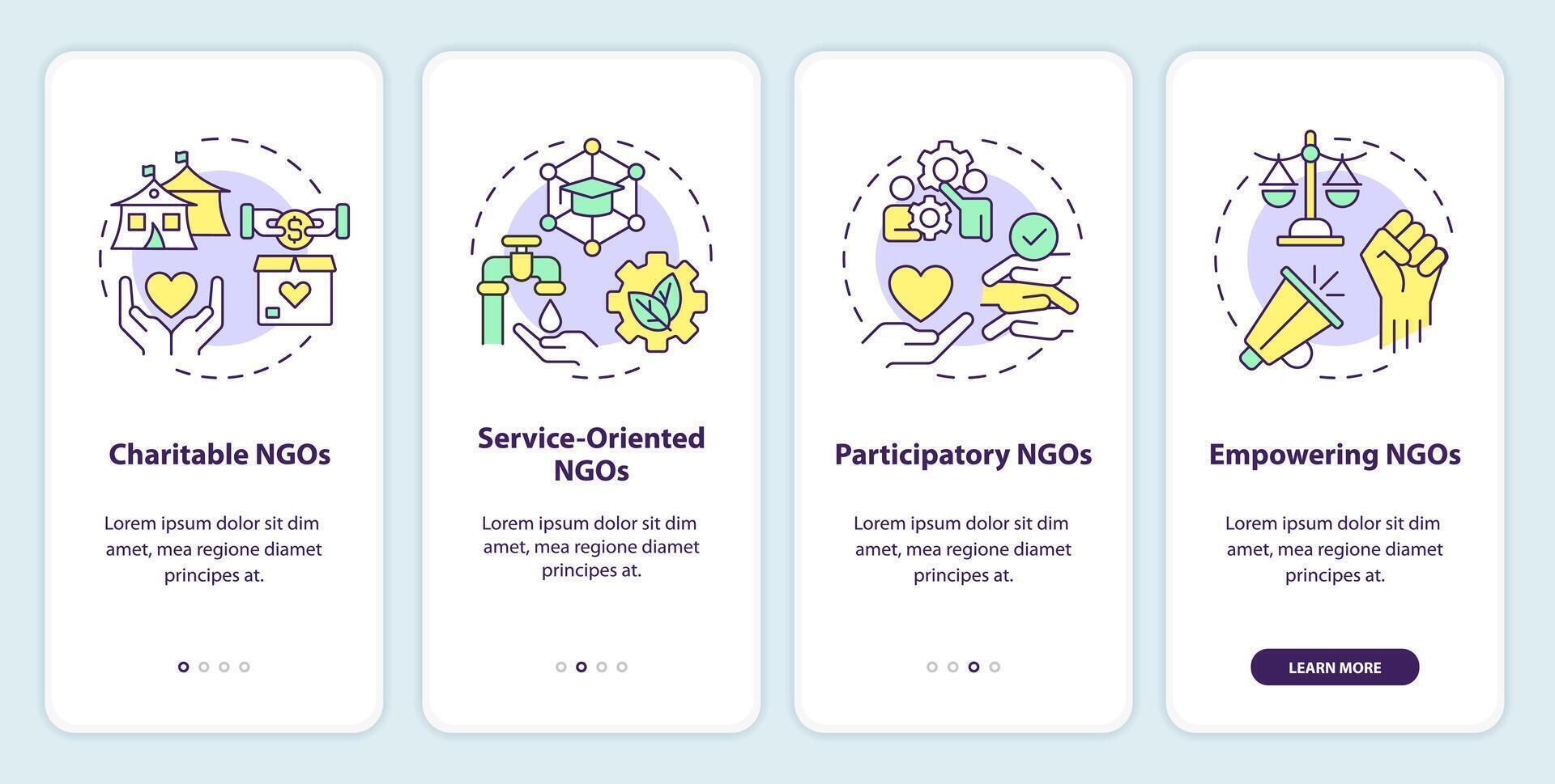 kategorier av frivilligorganisationer onboarding mobil app skärm. npos genomgång 4 steg redigerbar grafisk instruktioner med linjär begrepp. ui, ux, gui mall vektor