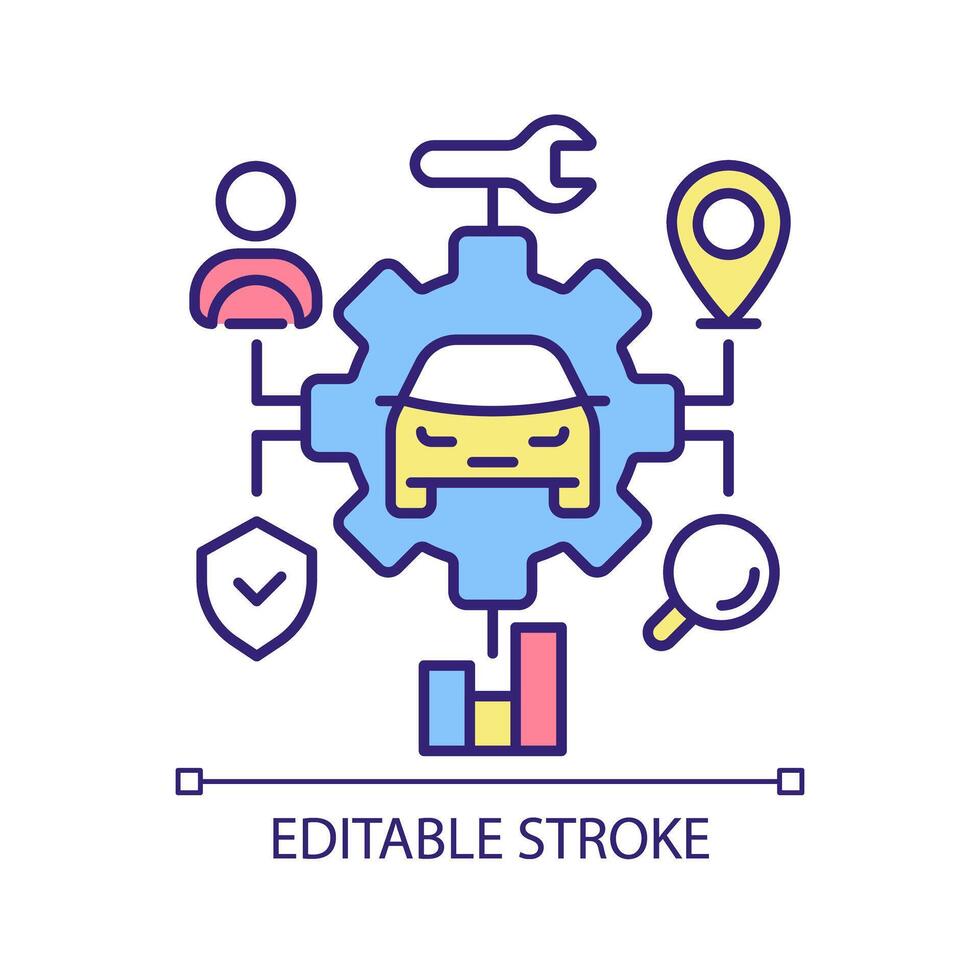 Fahrzeug Instandhaltung rgb Farbe Symbol. Diagnose Daten. Effizienz Überwachung. Treiber Verhalten, Geographisches Positionierungs System Verfolgung. isoliert Illustration. einfach gefüllt Linie Zeichnung. editierbar Schlaganfall vektor