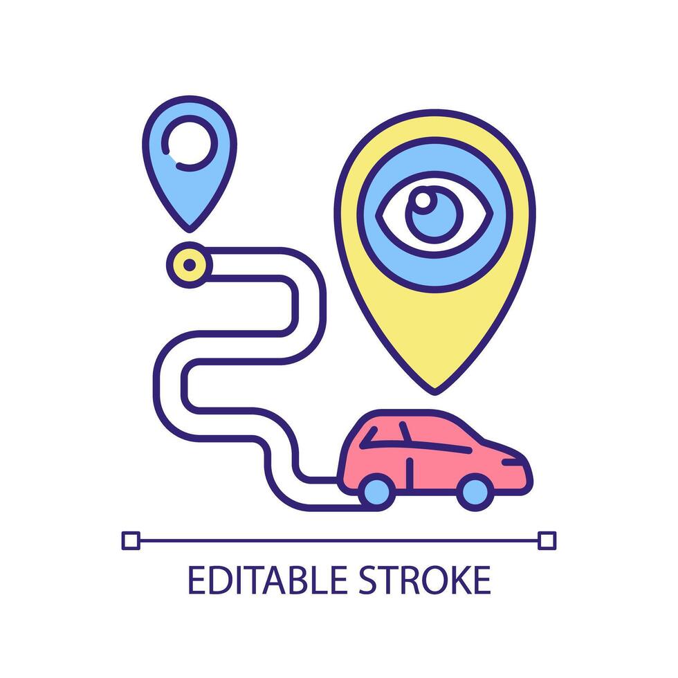 Geographisches Positionierungs System Fahrzeug Verfolgung rgb Farbe Symbol. Route optimiert Planung. echt Zeit Telematik. geo Targeting Software. isoliert Illustration. einfach gefüllt Linie Zeichnung. editierbar Schlaganfall vektor