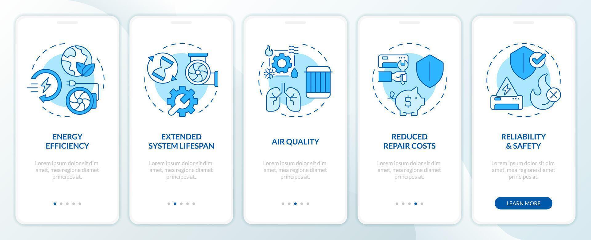 Leistungen von hvac Instandhaltung Blau Onboarding Handy, Mobiltelefon App Bildschirm. Komplettlösung 5 Schritte editierbar Grafik Anleitung mit linear Konzepte. ui, ux, gui Vorlage vektor