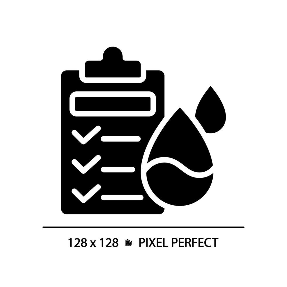 Wasser Qualität testen schwarz Glyphe Symbol. Trinken Wasser Gesundheit Normen. testen Protokoll. Labor prüfen. Silhouette Symbol auf Weiß Raum. solide Piktogramm. isoliert Illustration. Pixel perfekt vektor