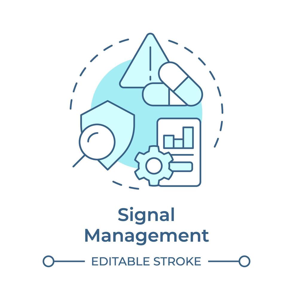 Signal Verwaltung Sanft Blau Konzept Symbol. Produkt Qualität, Pharmakovigilanz. Risiko Auswertung. runden gestalten Linie Illustration. abstrakt Idee. Grafik Design. einfach zu verwenden im Infografik, Artikel vektor