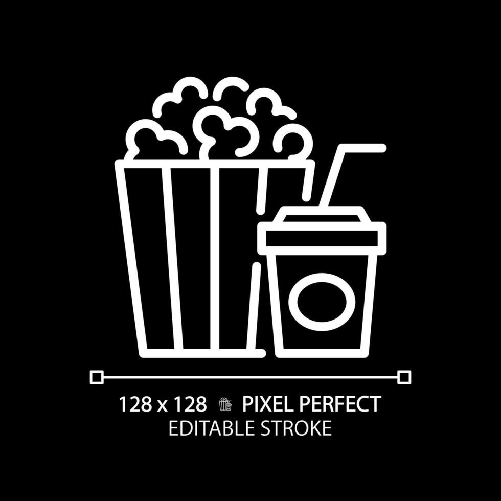 film popcorn hink pixel perfekt vit linjär ikon för mörk tema. bio mellanmål, teater godsaker. skräp mat, randig låda. tunn linje illustration. isolerat symbol för natt läge. redigerbar stroke vektor