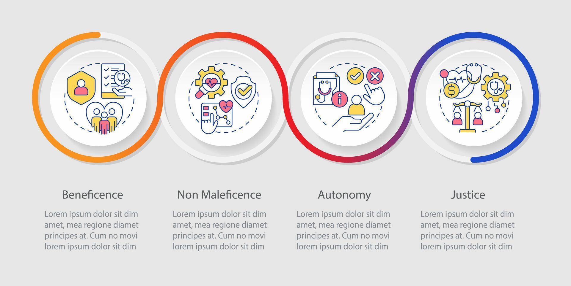 Prinzipien von Bioethik Schleife Infografik Vorlage. informiert Zustimmung. Daten Visualisierung mit 4 Schritte. editierbar Zeitleiste die Info Diagramm. Arbeitsablauf Layout mit Linie Symbole vektor