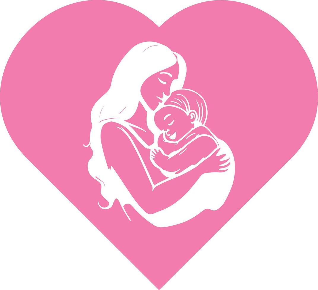 Silhouette von ein Mutter mit ihr Sohn Innerhalb ein Rosa Herz vektor