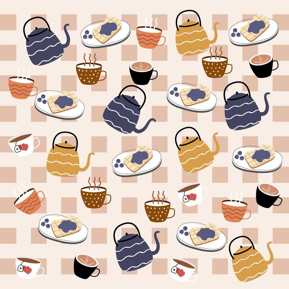 te pott, kaffe, mjölk, te kopp och skivad bröd mönster. frukost mönster, bakverk mönster för tapet, yta design och tyg mönster vektor