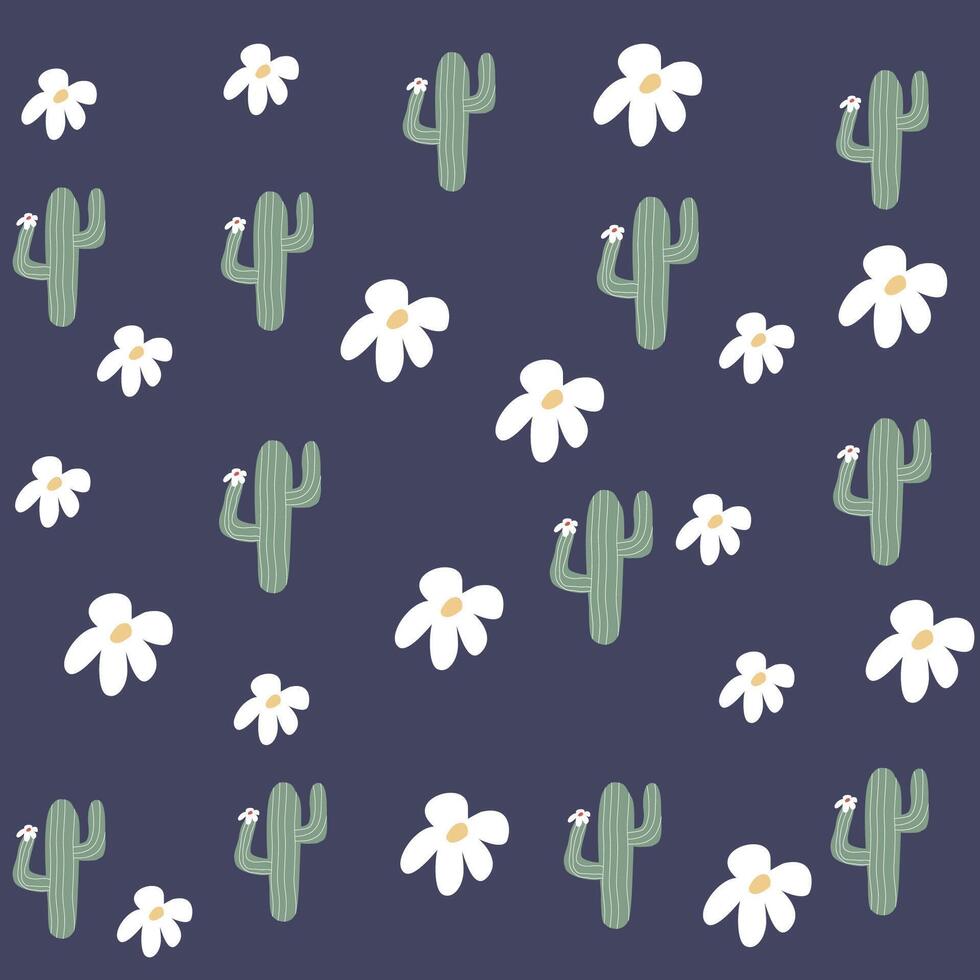 hand dragen kaktus och vit blommor mönster på mörk blå bakgrund vektor