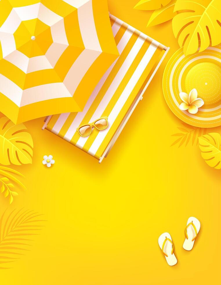 Sommer- Gelb Poster, Strand Regenschirm, Gelb Blume und Blatt, Sommer- Hut, Sonnenbrille auf das Strand Bett, Gelb Flip Flops, Design auf Gelb Hintergrund vektor