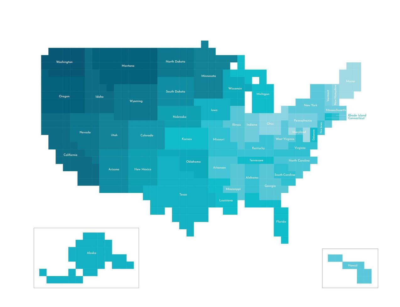 isolerat begrepp av förenklad administrativ Karta av usa, förenad stater av amerika. gränser av de stater har lutning textur. färgrik blå former i pixel stil är mall för nft konst vektor