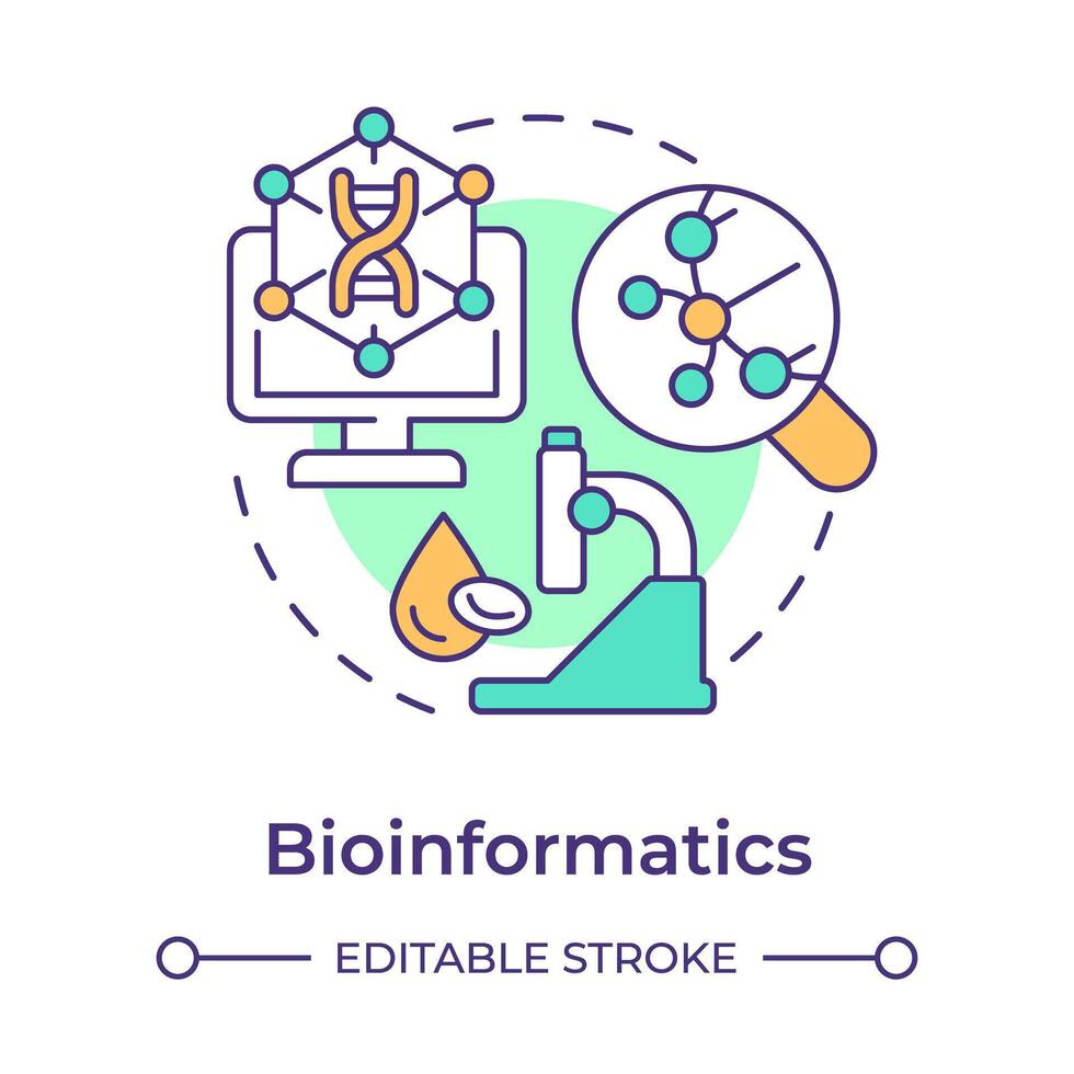 Bioinformatik multi Farbe Konzept Symbol. Software zum Analysieren biologisch Daten. DNA Analyse. runden gestalten Linie Illustration. abstrakt Idee. Grafik Design. einfach zu verwenden im Präsentation vektor