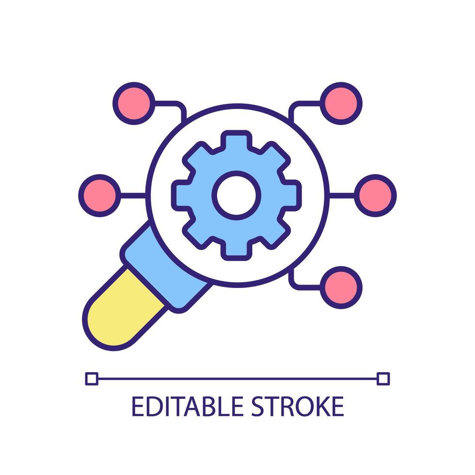 Ingenieurwesen Analyse rgb Farbe Symbol. Diagnose Service. Inventar Management, Inspektion Rezension. prüfen oben Prüfung. isoliert Illustration. einfach gefüllt Linie Zeichnung. editierbar Schlaganfall vektor