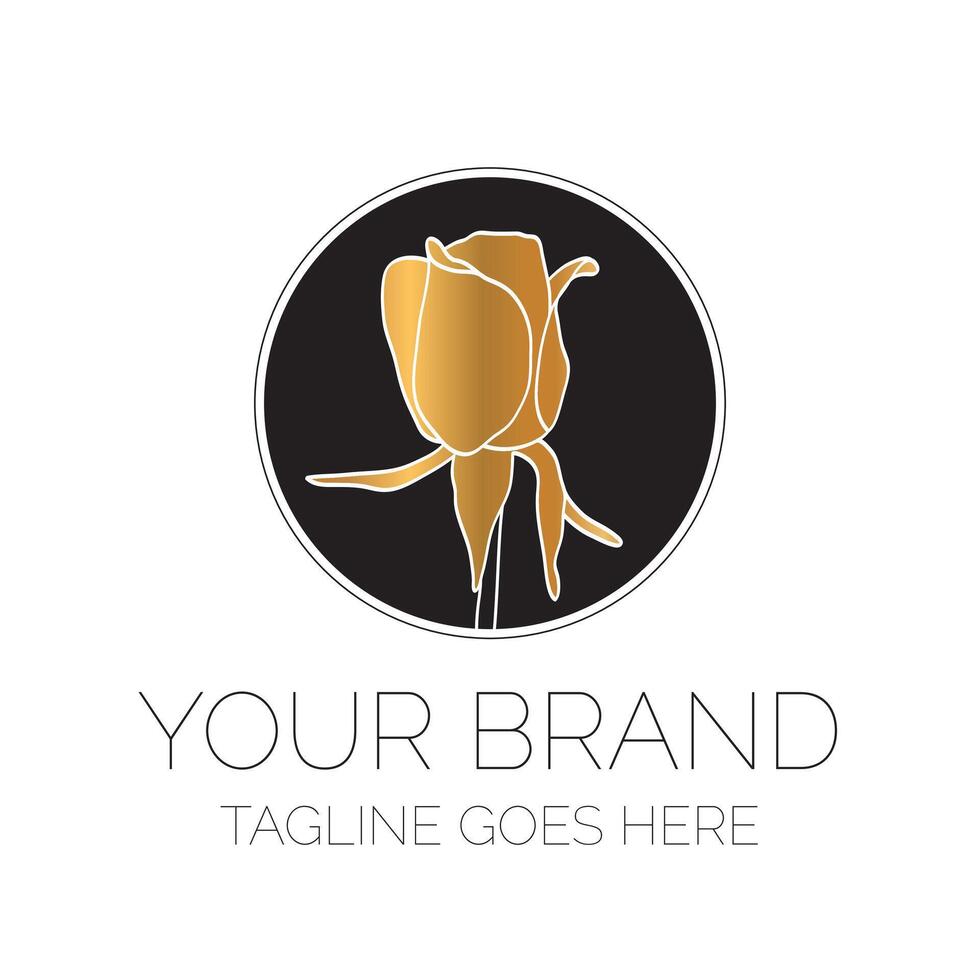 Gold Rose Logo Design. runden Blumen- Logo auf schwarz Kreis vektor