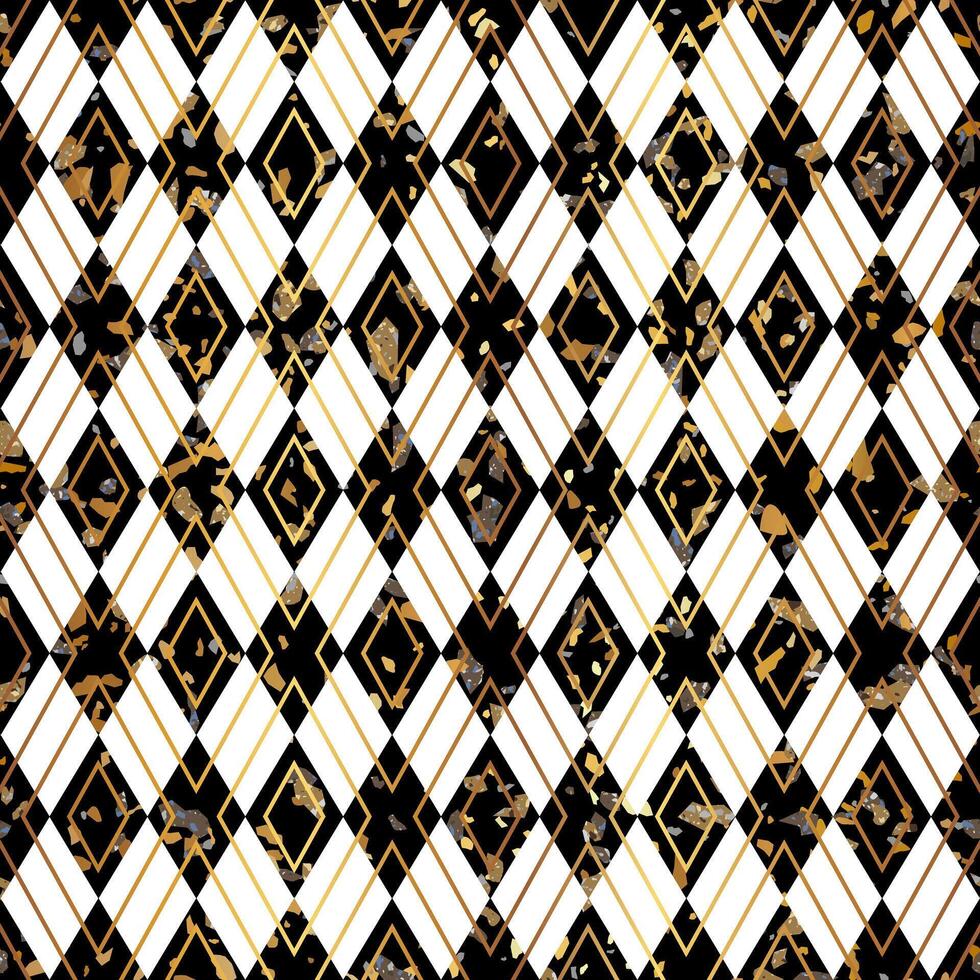 schwarz und Weiß Terrazzo Stein Textur nahtlos Muster Design mit Gold Rhombus Hintergrund. vektor