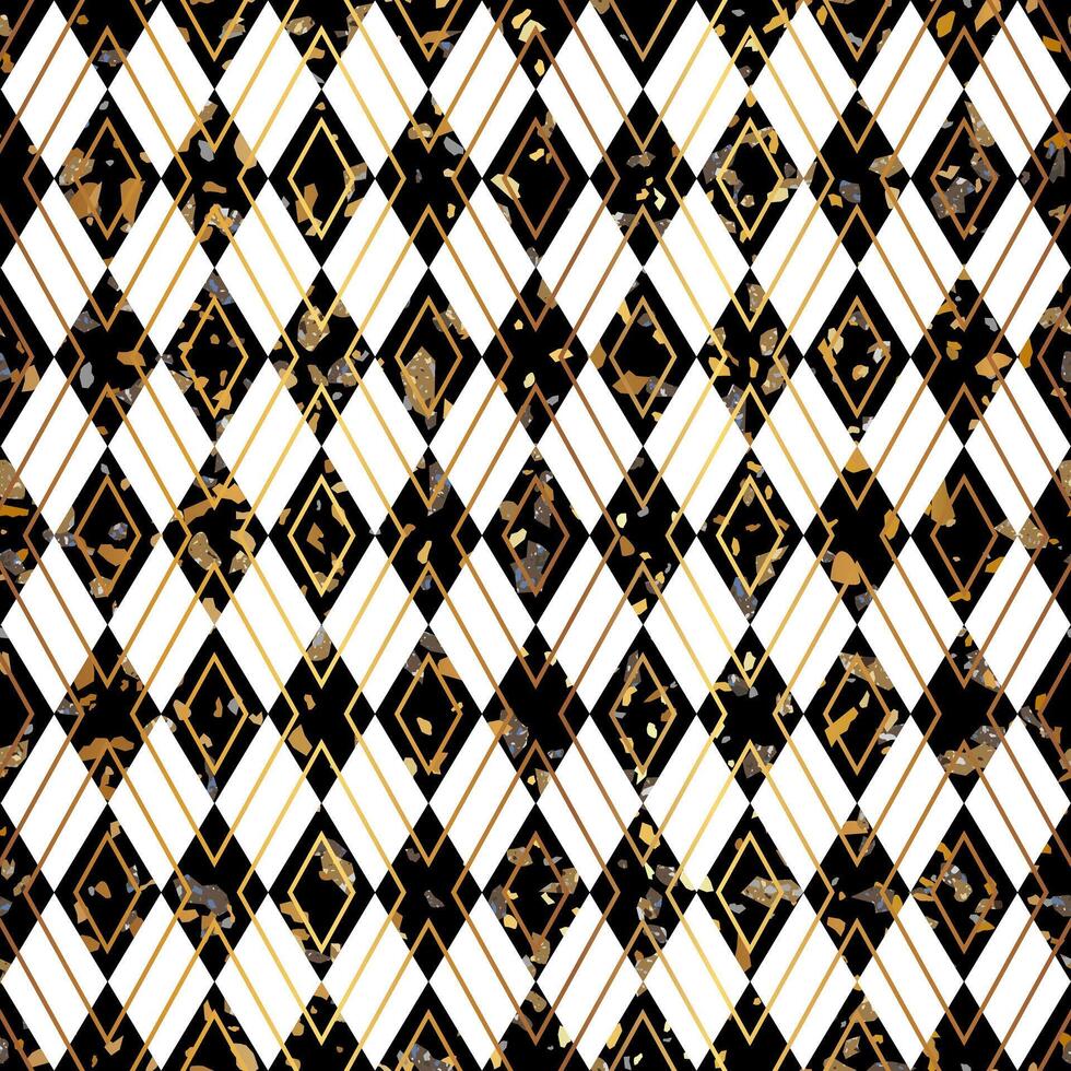 svart och vit terrazzo sten textur sömlös mönster design med guld romb bakgrund. vektor