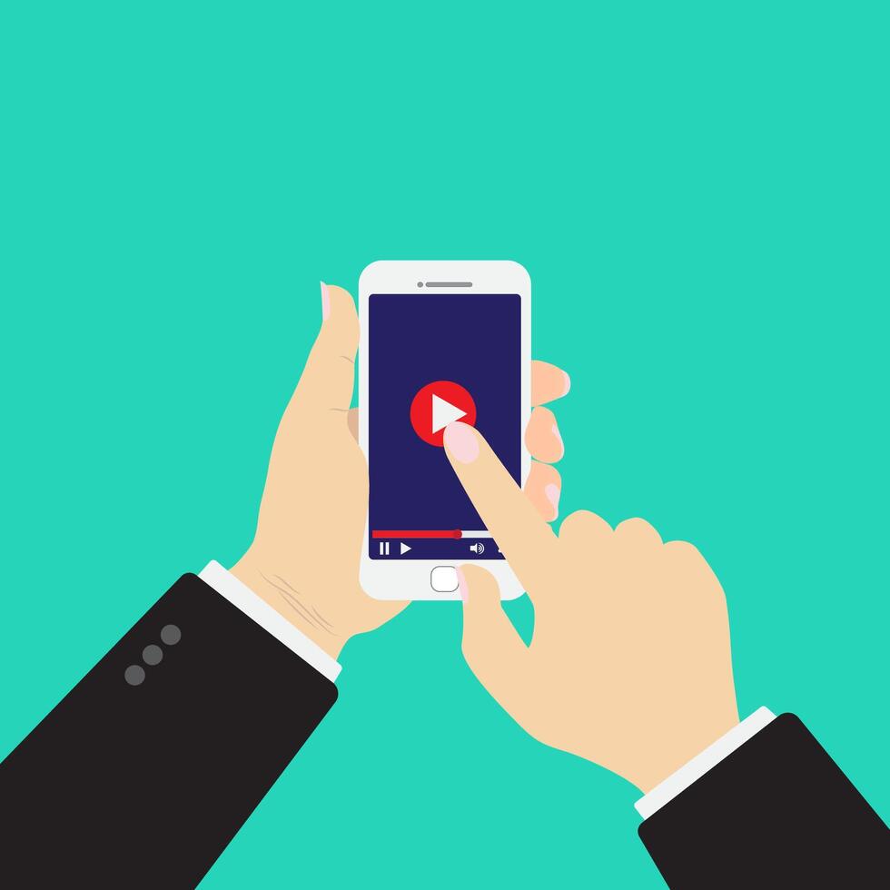eben Design Stil Mensch Hand halten Smartphone mit online Medien Spieler App auf Bildschirm Design Element Illustration isolieren auf Grün Hintergrund. vektor