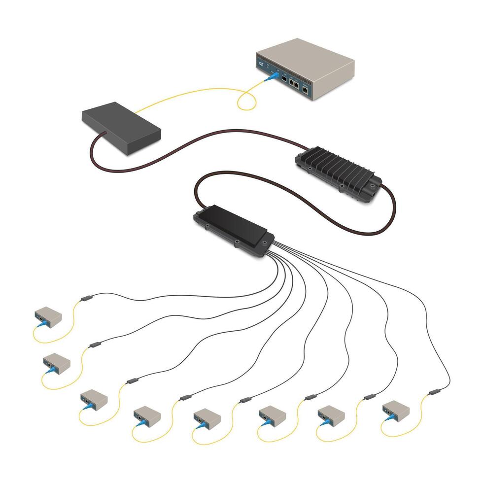 pon Netzwerk Diagramm. passiv optisch Netzwerk Ausrüstung pon. optisch Netzwerk Terminal ont. optisch Netzwerk Einheit wir. vektor