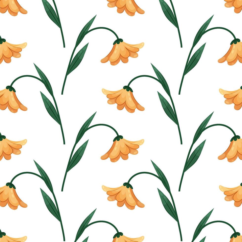 Muster mit Gelb Blume im eben Stil. Illustration von ein Karikatur Blume auf ein Weiß Hintergrund. Muster zum Textil, Verpackung Papier, Hintergrund. vektor