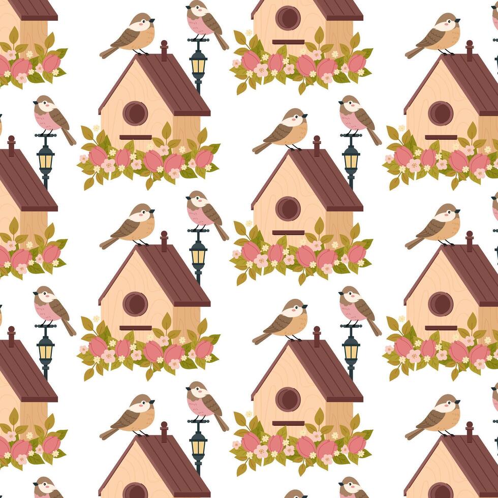 Frühling Muster mit Spatzen. Vogelhaus mit Blumen im eben Stil. Vögel. Muster zum Textil, Verpackung Papier, Hintergrund. vektor
