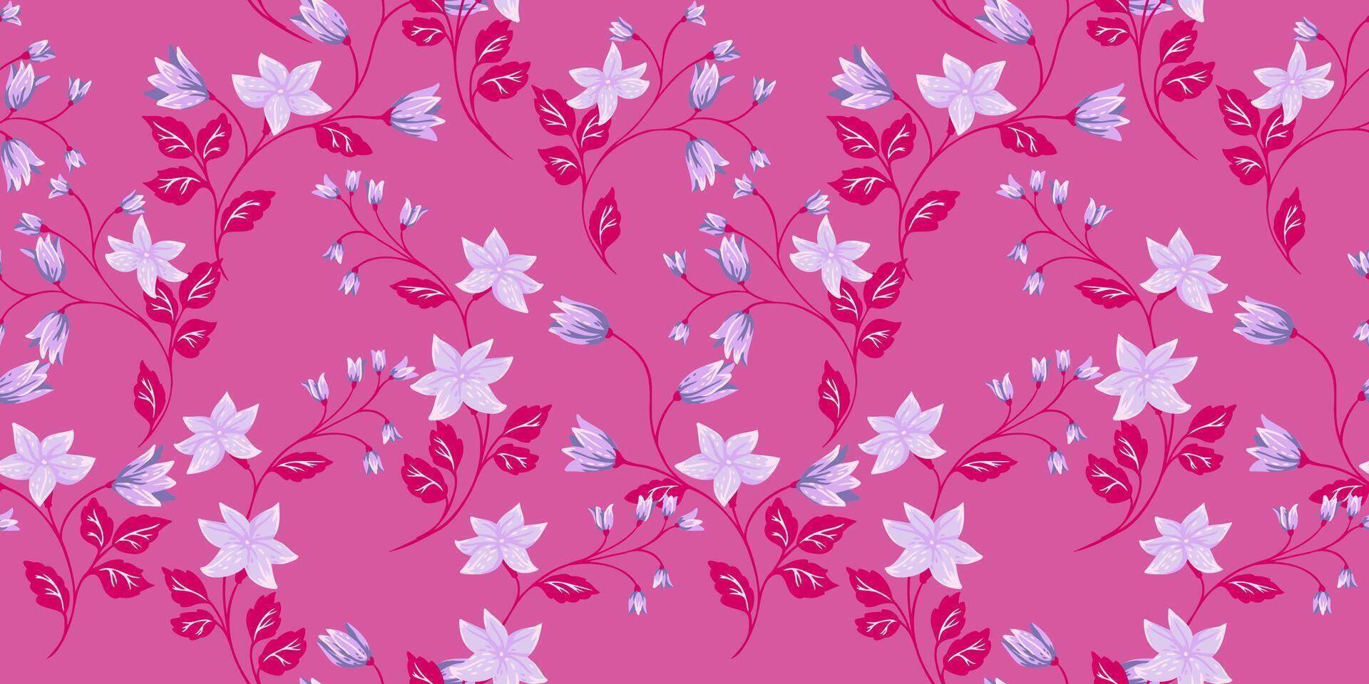 Rosa wild Blühen wild Wiese nahtlos Muster. abstrakt künstlerisch Blumen- Stängel verflochten im ein gemustert Drucken. Hand gezeichnet winzig Blumen Glocken, klein Blätter, Knospen. Vorlage zum Designs vektor