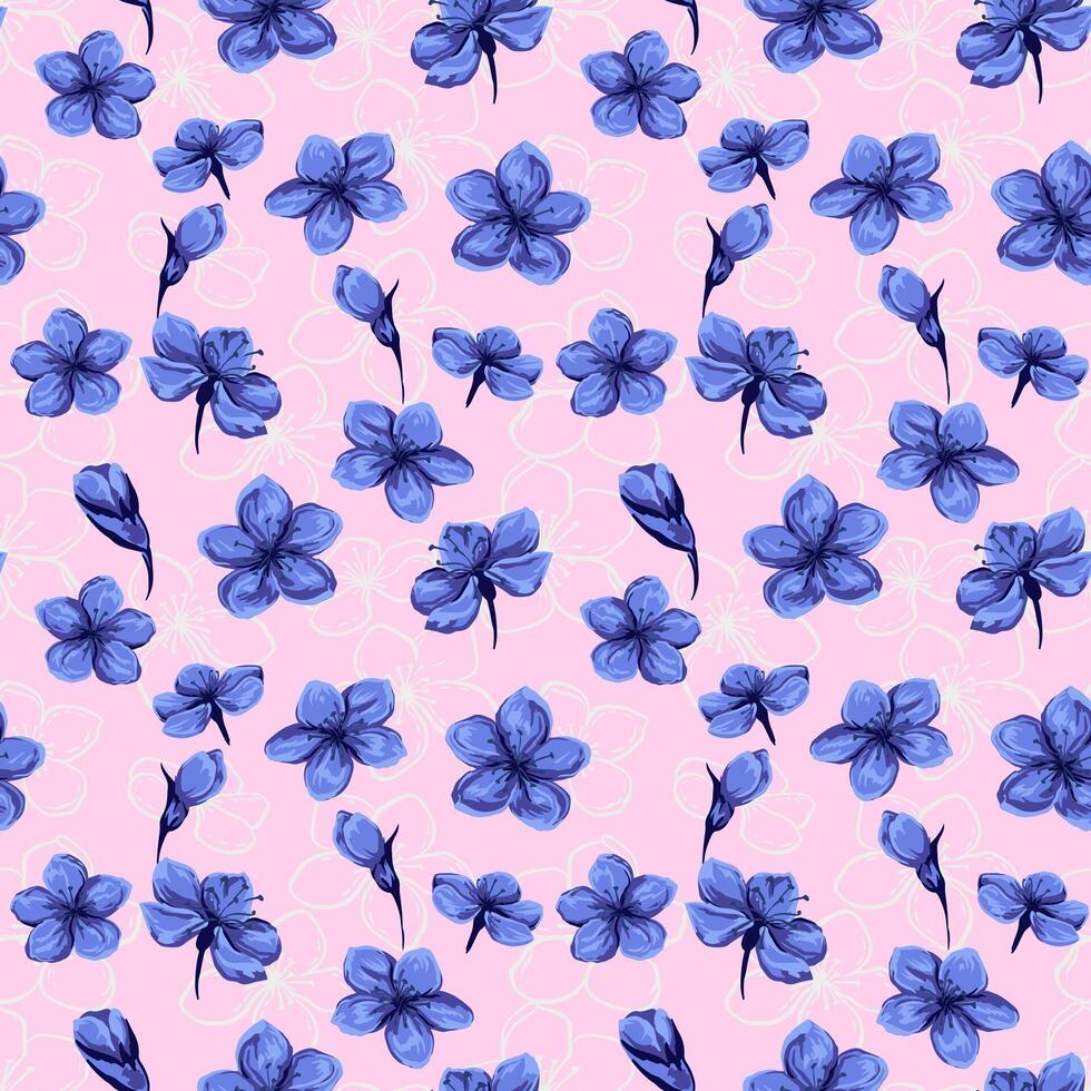 abstrakt künstlerisch Blau Blumen und Knospen nahtlos Muster auf ein Rosa Hintergrund. Hand gezeichnet Illustration. bunt Blüten wild Blumen- Drucken. Vorlage zum Entwürfe, Textilien, Stoff vektor