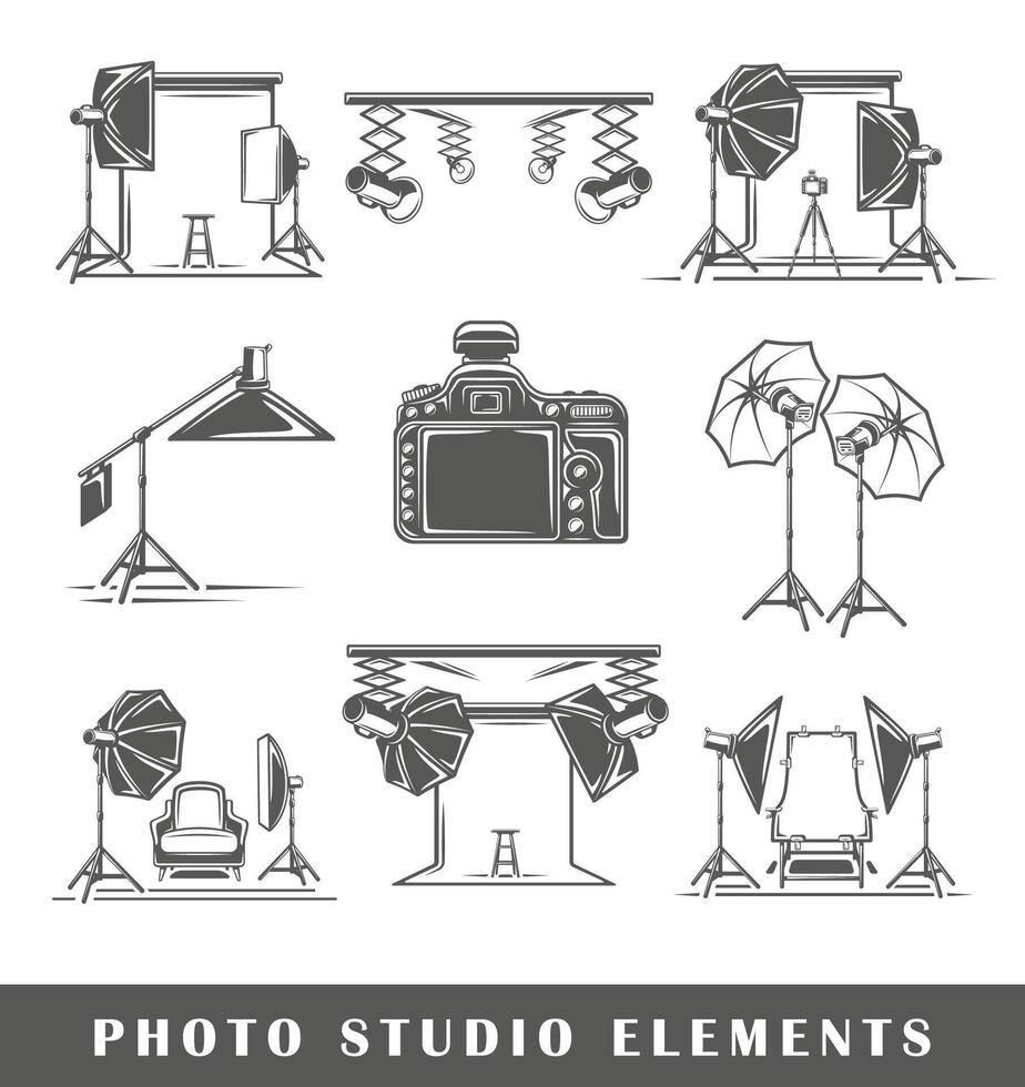 uppsättning av element av de Foto studio isolerat på vit bakgrund vektor