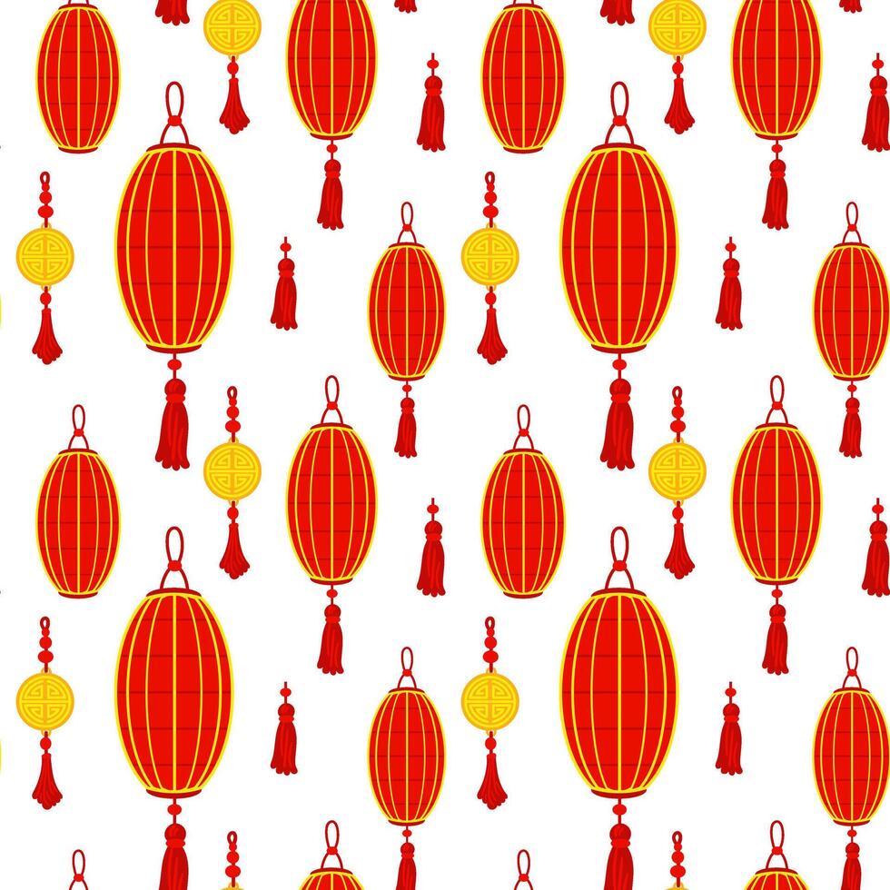 mönster är en kinesisk röd papper lykta med gyllene amuletter, påminner av kulturell rikedom och en festlig atmosfär. en festlig festival. en svullen lykta. måne festival. sömlös illustration vektor