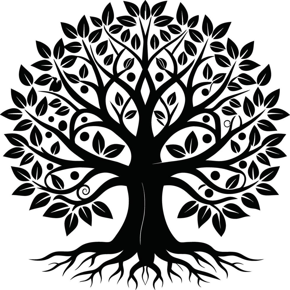 en svart och vit träd silhuett med rötter och löv vektor
