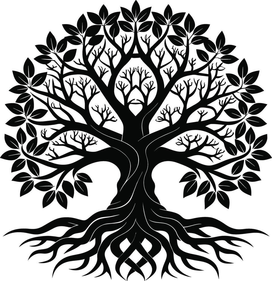 en svart och vit träd silhuett med rötter och löv vektor
