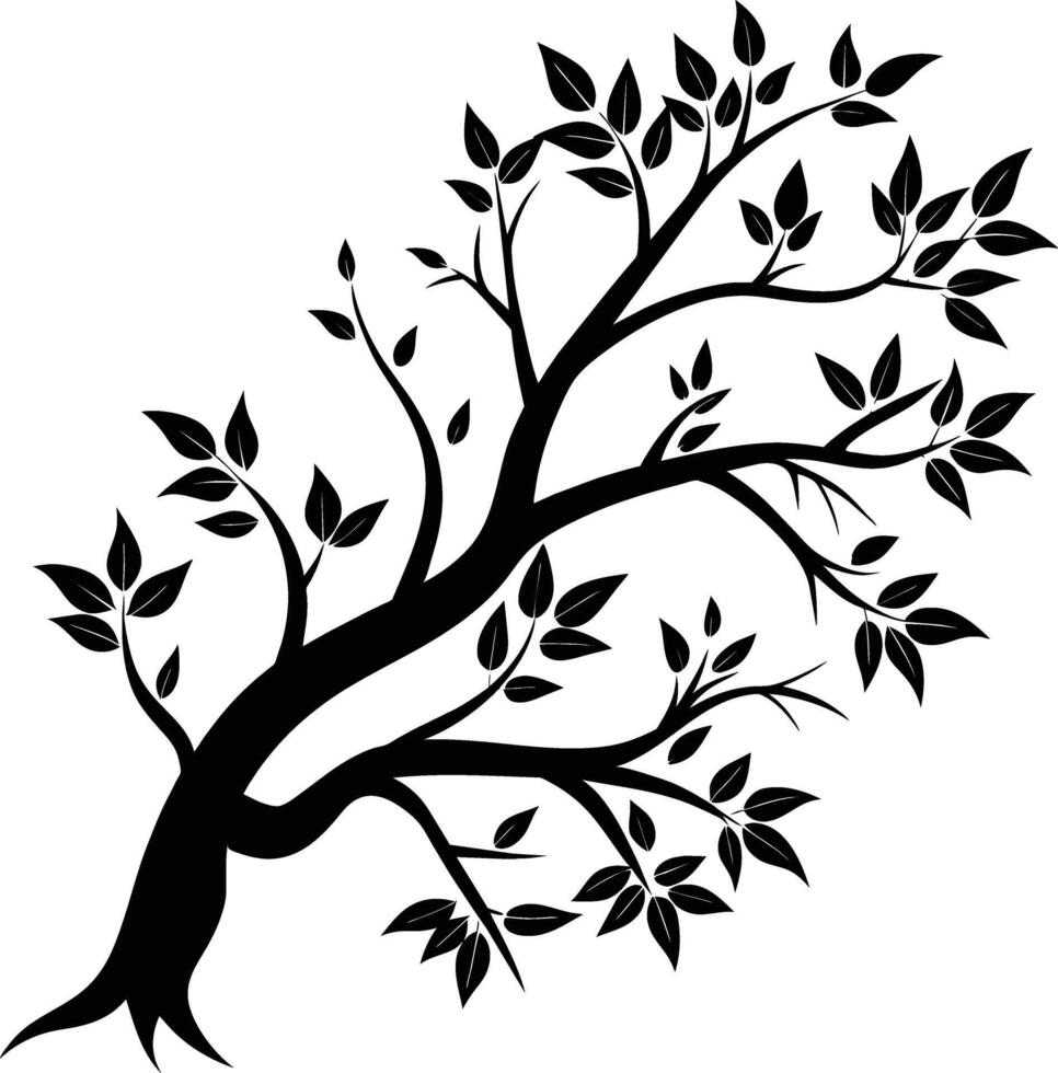 en svart och vit silhuett av en träd gren med löv vektor