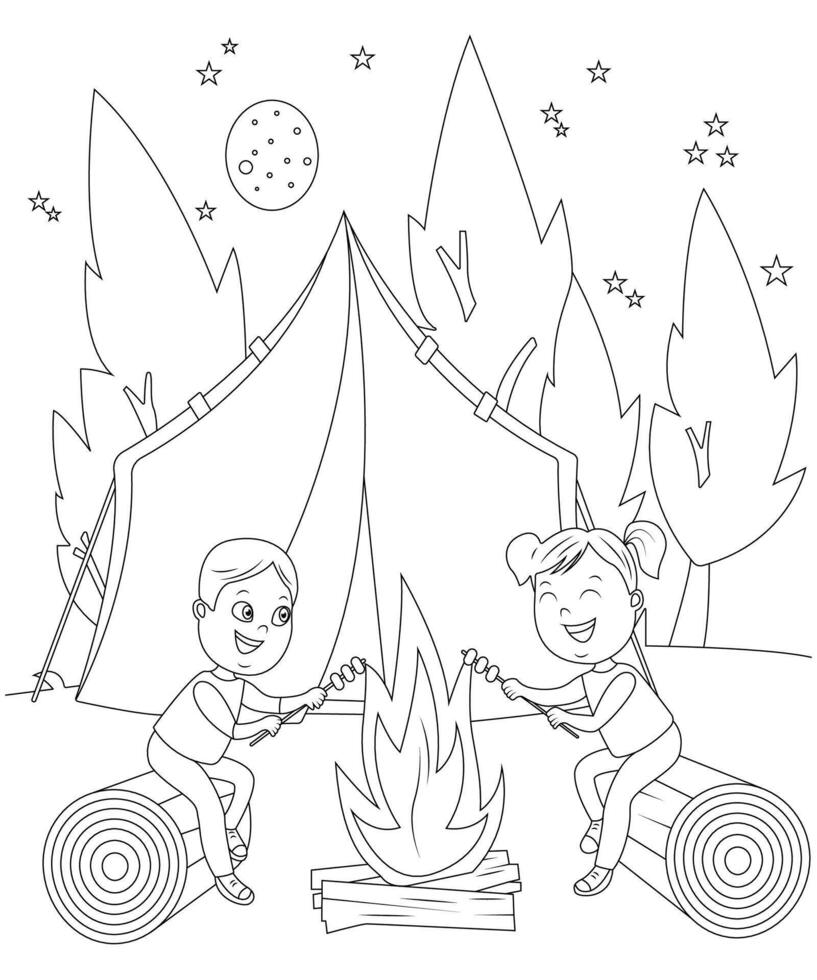 unik och söt camping bok sida för barn. färg sida för barn och vuxna. camping färg vektor