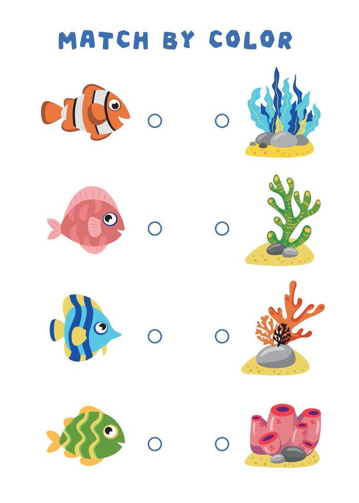 mini spel för barn. förskolebarn. ansluta de fisk av de rätt Färg med henne hus. bild med tecknad serie fisk. spel 3-4 år. minispel för barn. utveckling av logik i barn. vektor