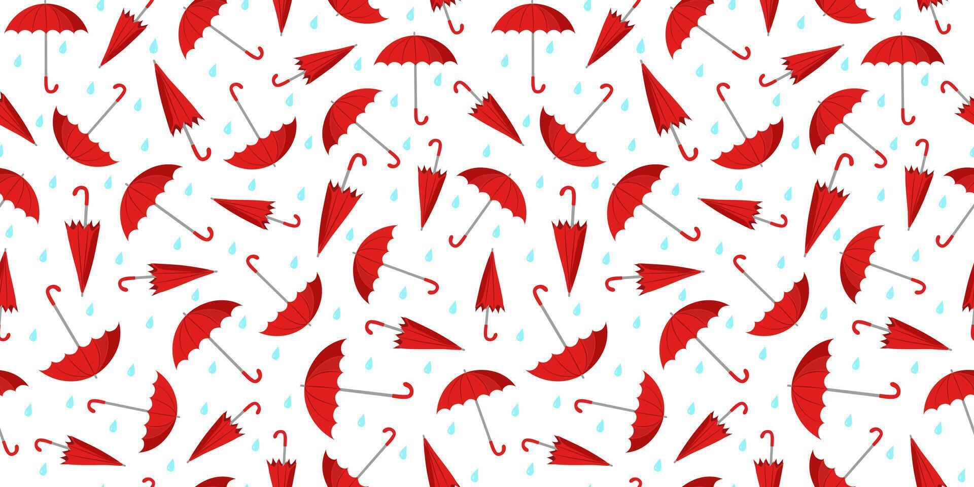 rot Regenschirme Muster. offen, geschlossen Regenschirm und Regentropfen. Regen Jahreszeit. regnerisch Wetter. eben Stil. nahtlos Hintergrund. vektor