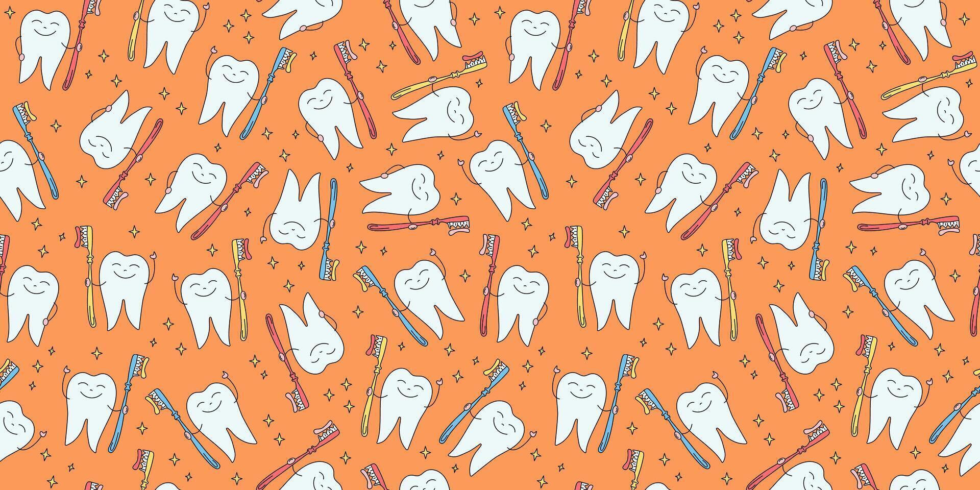 Zahnheilkunde Muster. Zahn mit ein Zahnbürste im Hand. Bürsten Zähne, Oral Hygiene. glänzend gesund glücklich Weiß Zahn. Sterne. Gekritzel Stil. Grafik. nahtlos Hintergrund. vektor