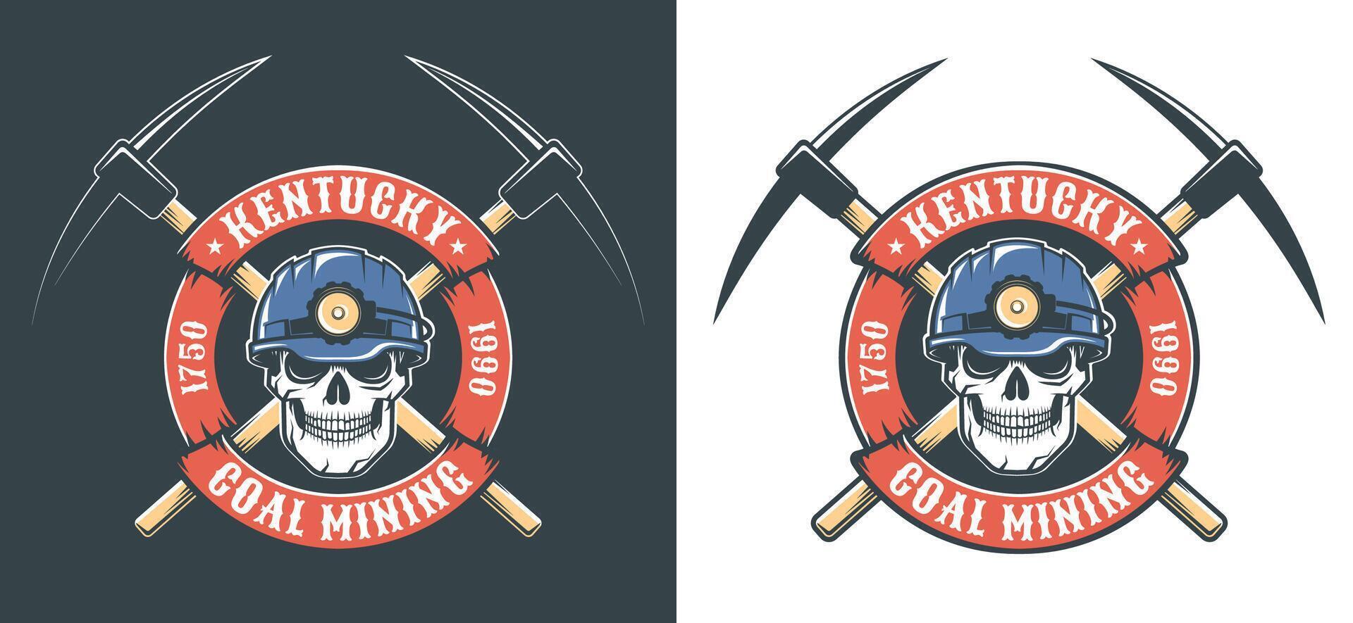 gruvarbetare skalle i Hardhat och korsade plockar - retro brytning logotyp vektor