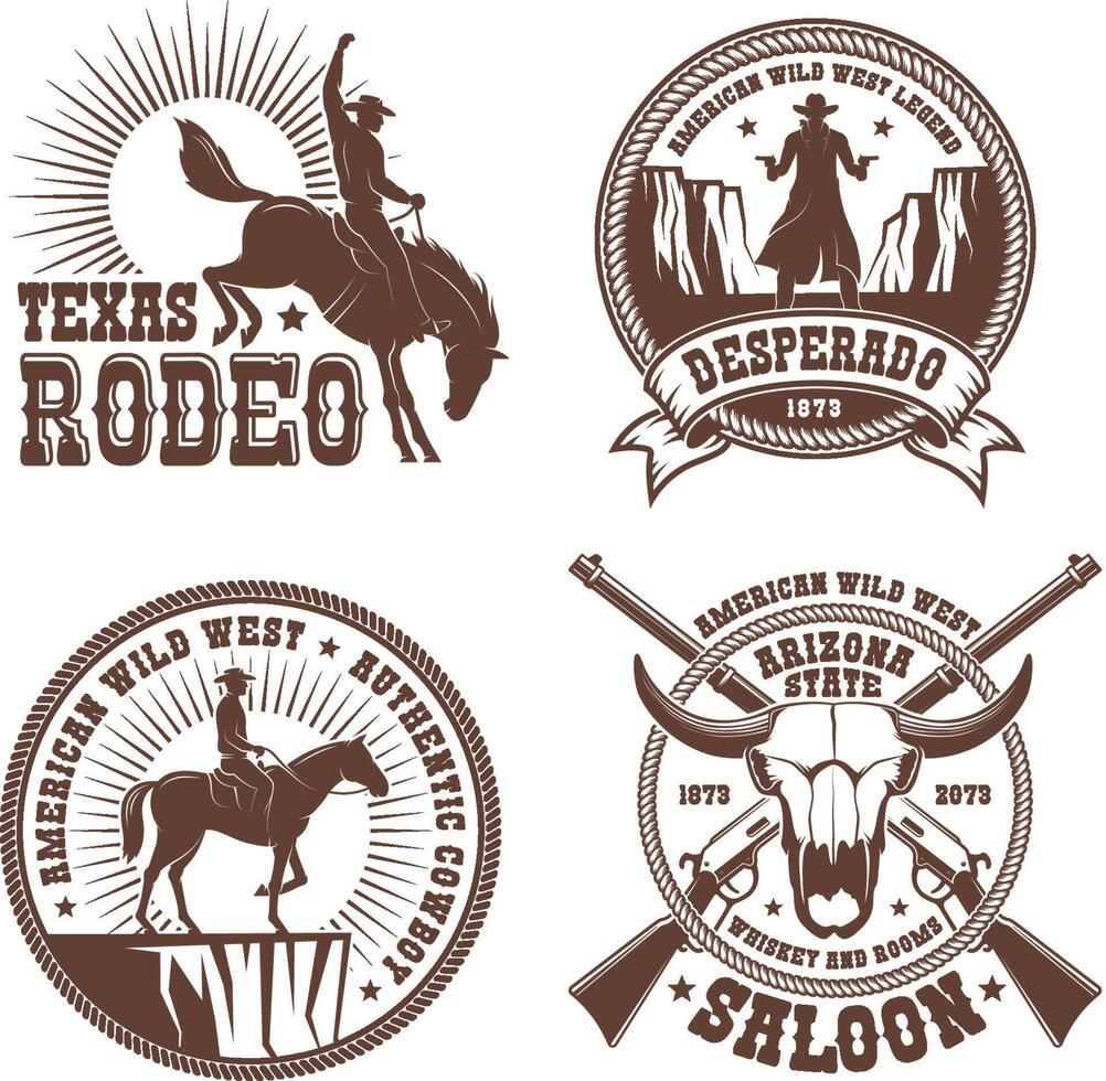 cowboy vild väst rodeo årgång logotyp vektor