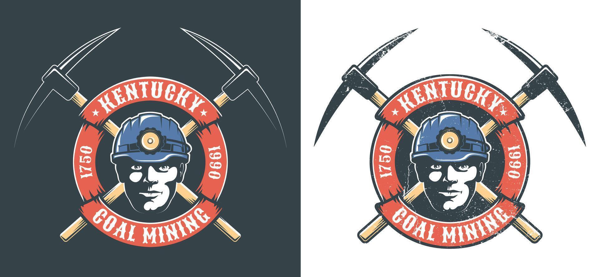 Bergmann s Logo mit Bergmann Kopf im Helm mit Laterne und gekreuzt Picks vektor