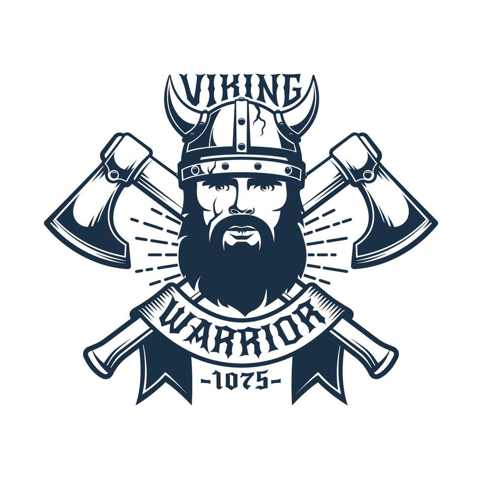 Wikinger Krieger retro Logo Vorlage. Barbar Kopf im ein gehörnt Helm, gekreuzt Achsen und Schleife. Illustration. vektor