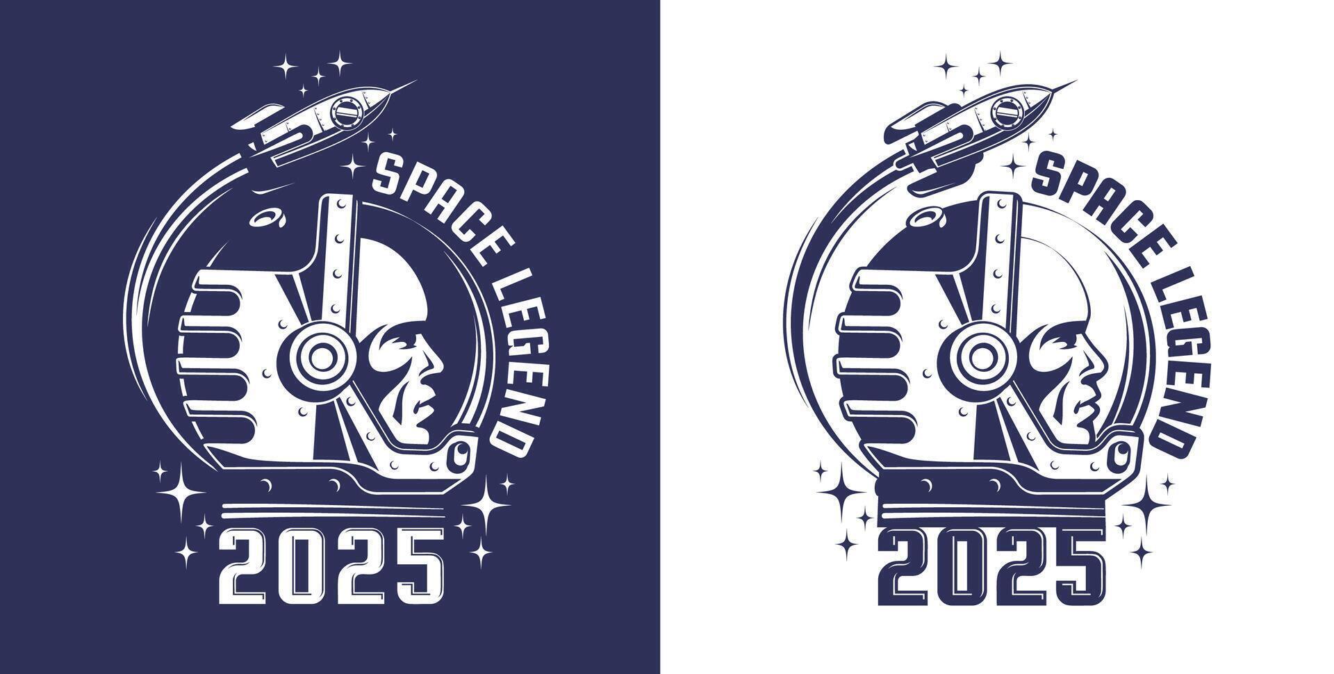 Astronaut im Helm Logo im retro Stil. Raumfahrer im ein Raum passen und ein fliegend Rakete - - Jahrgang Emblem. Illustration. vektor