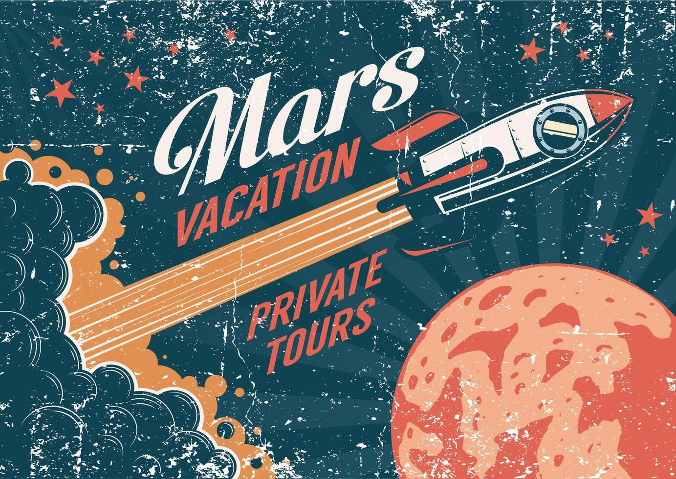 Jahrgang Poster - - Rakete fliegt zu das Planet Mars vektor