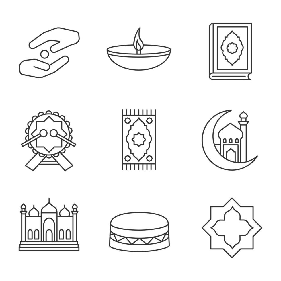 lineare ikonen der islamischen kultur eingestellt. Zakat, Öllampe, Koranbuch, Daf, Gebetsmatte, Moschee und Mondsichel, islamischer Stern. dünne Linienkontursymbole. isolierte vektorumrissillustrationen vektor