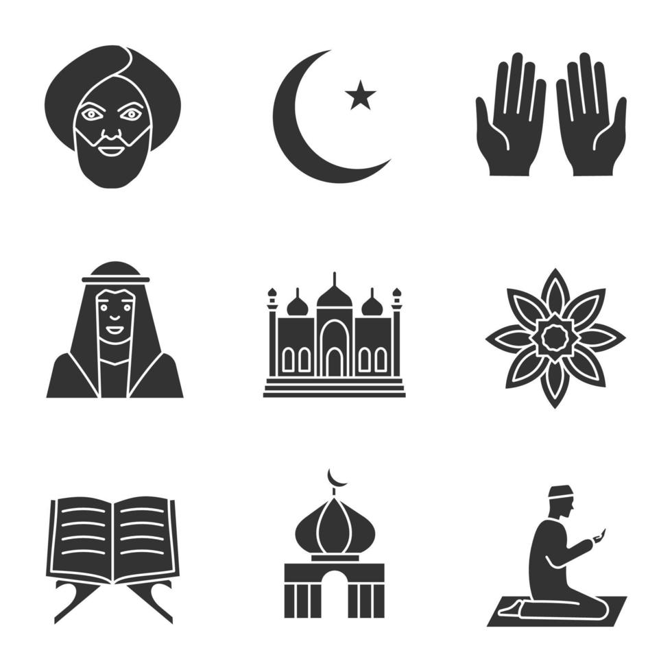 islamisk kultur glyf ikoner set. muslimsk man, ramadanmåne, islamisk bön, moské, koranbok, muslimsk stjärna. siluett symboler. vektor isolerade illustration