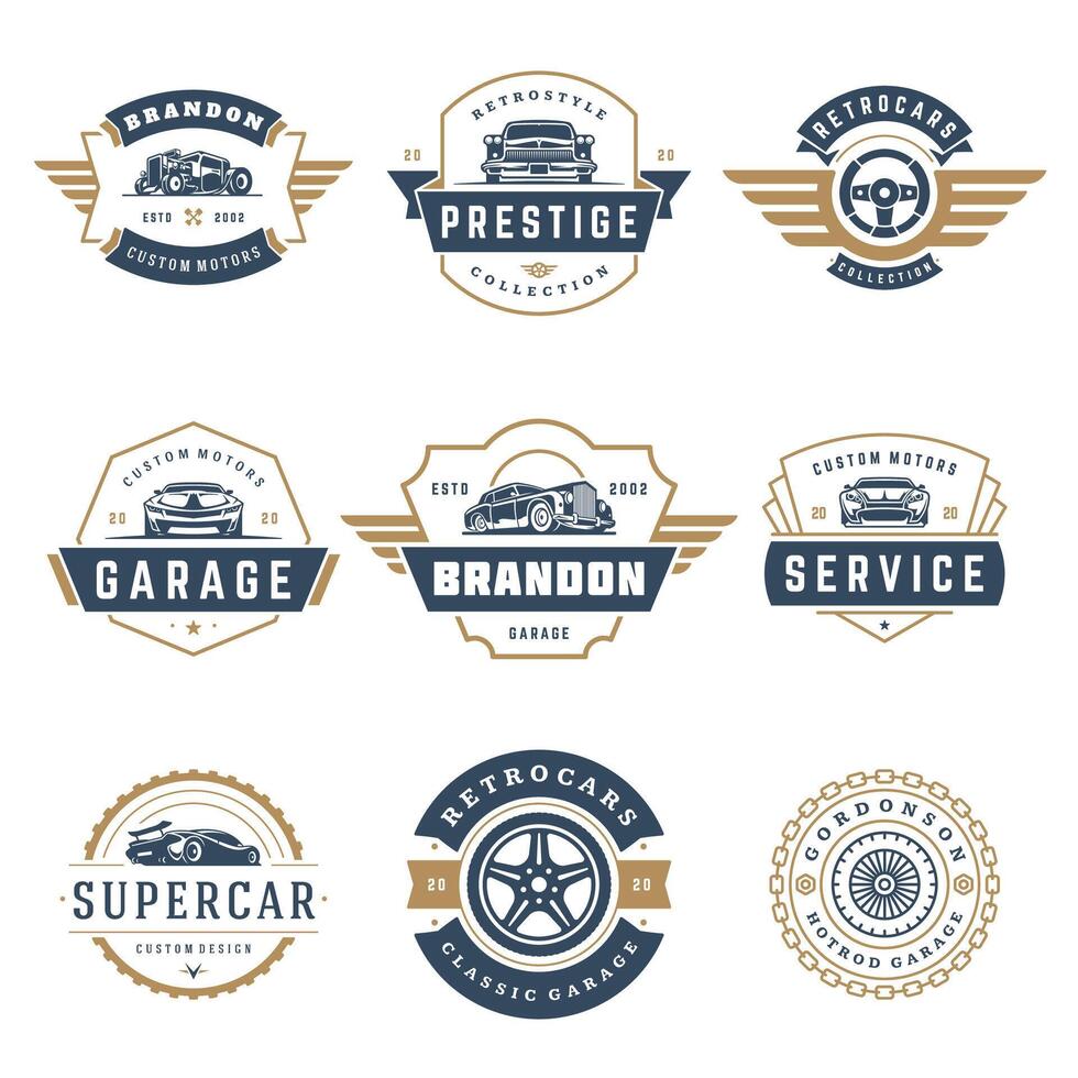 Auto Logos Vorlagen Design Elemente Satz, Jahrgang Stil Embleme vektor