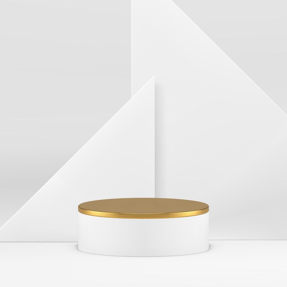 3d Podium Sockel golden Zylinder Stand mit Dreieck Mauer Hintergrund realistisch vektor