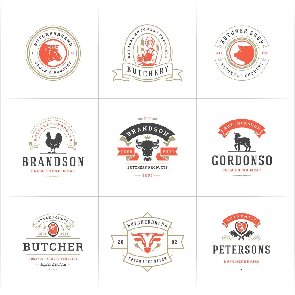 Metzger Geschäft Logos einstellen Illustration gut zum Bauernhof oder Restaurant Abzeichen mit Tiere und Fleisch Silhouetten vektor