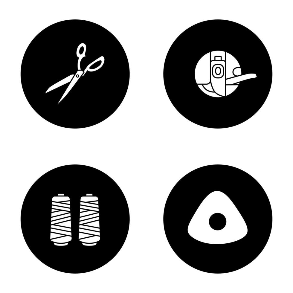 skräddarsy glyph ikoner set. tygsax, spolkapsel, trådspole, sykrita. vektor vita silhuetter illustrationer i svarta cirklar