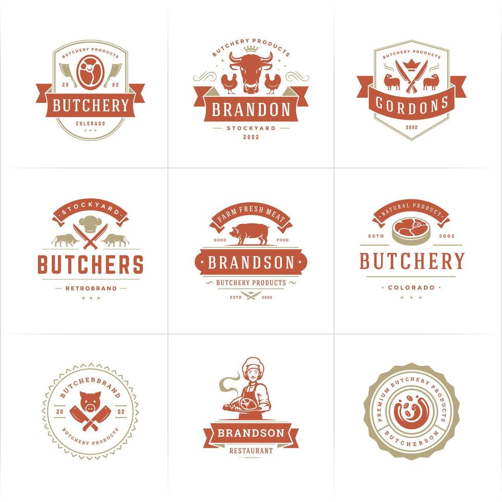 Metzger Geschäft Logos einstellen Illustration gut zum Bauernhof oder Restaurant Abzeichen mit Tiere und Fleisch Silhouetten vektor