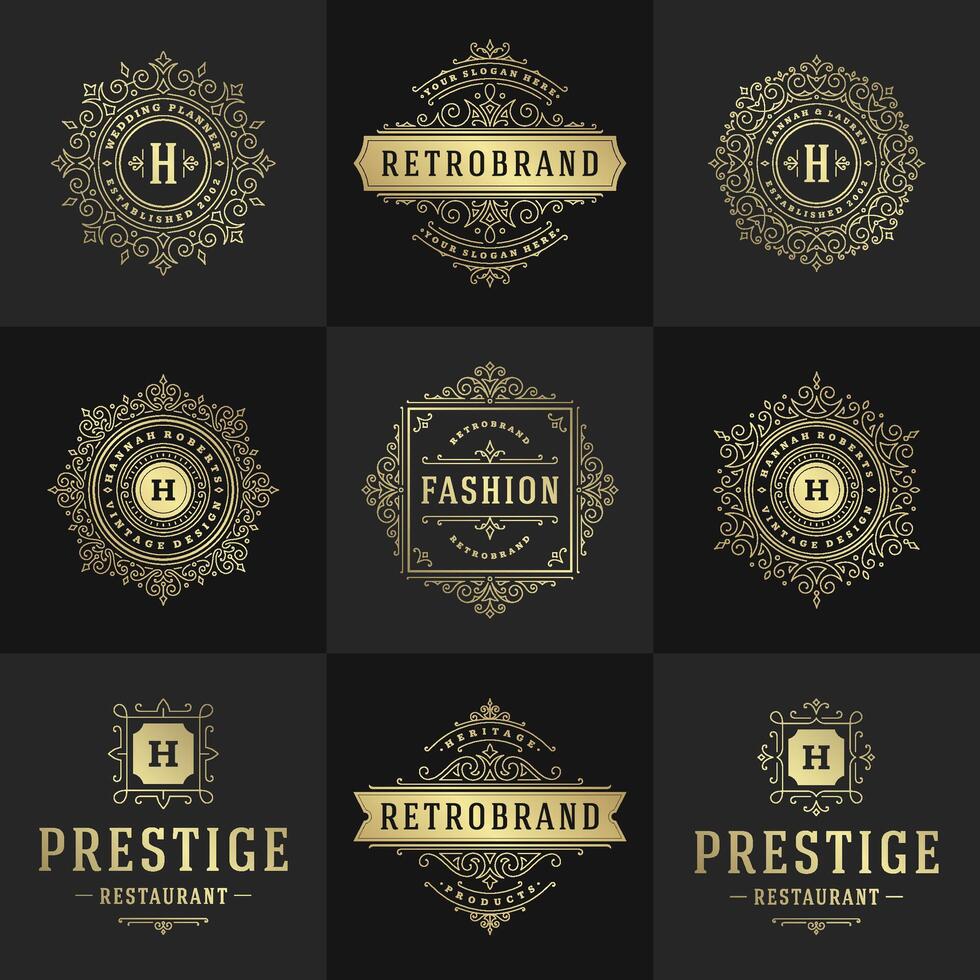 Jahrgang Logos und Monogramme einstellen elegant gedeiht Linie Kunst anmutig Ornamente viktorianisch Stil Vorlage Design vektor